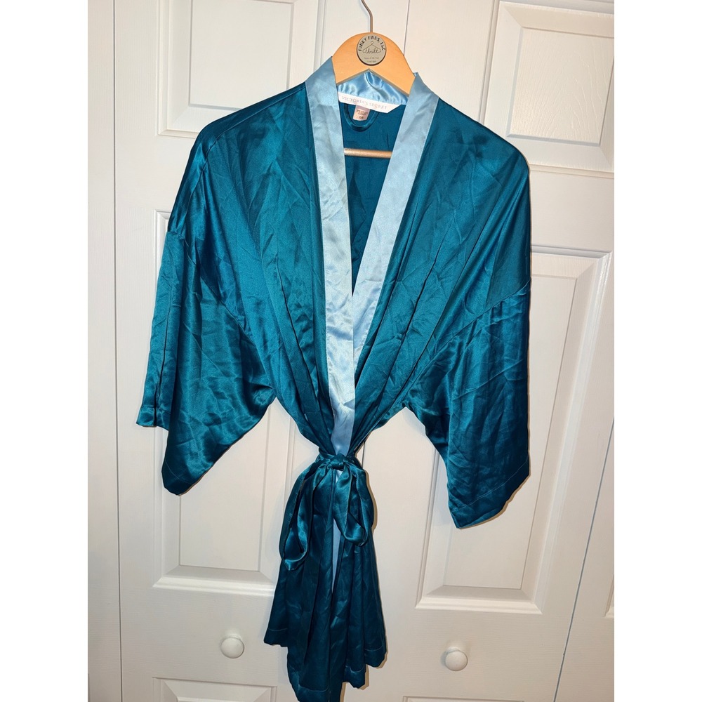 Victoria's‎ Secret Blue Satin Kimono Robe One Size OS Contrast Trim Tie Waist